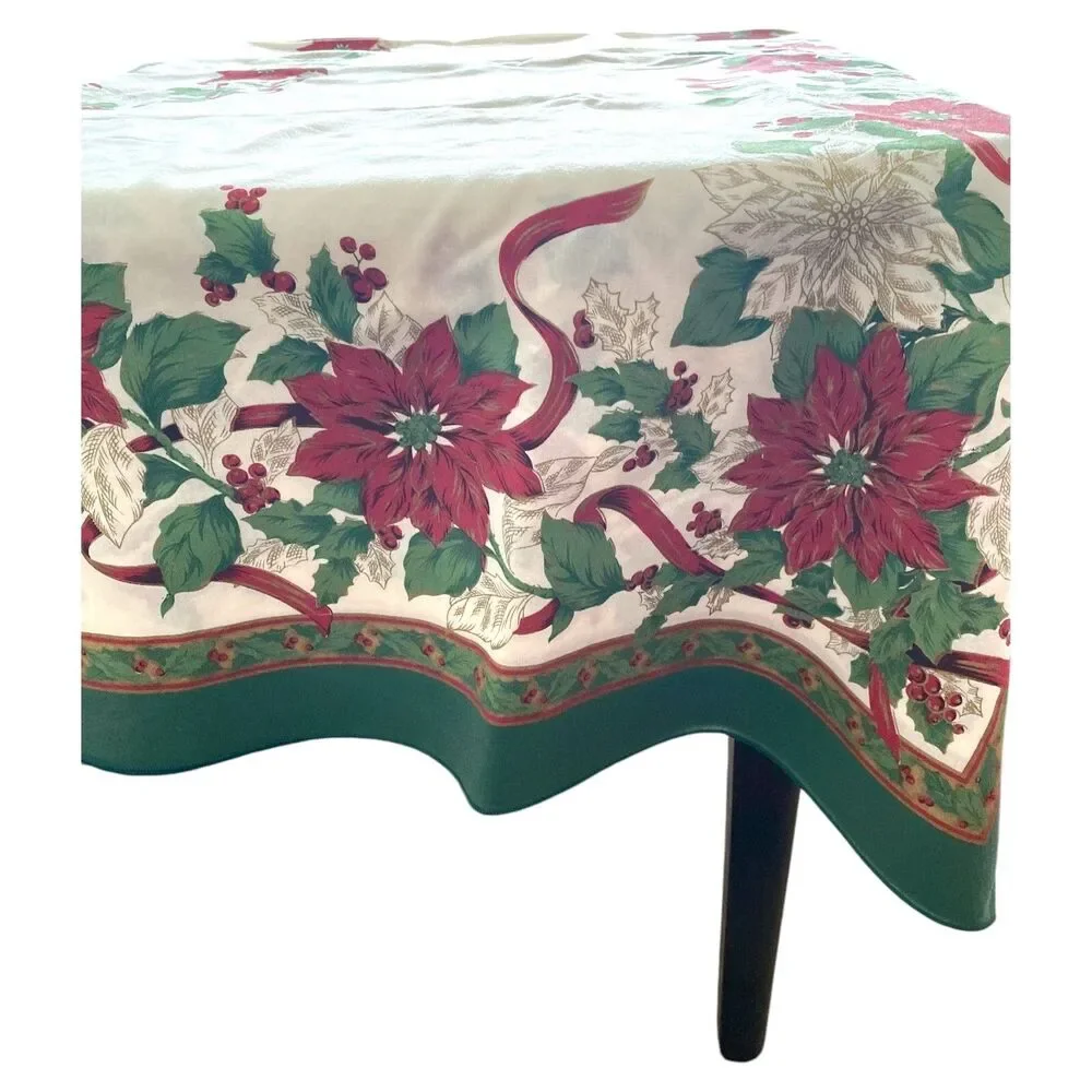 Christmas Tablecloth 60x80 Poinsettia Holly Ribbon Green Red Fashion Industries
